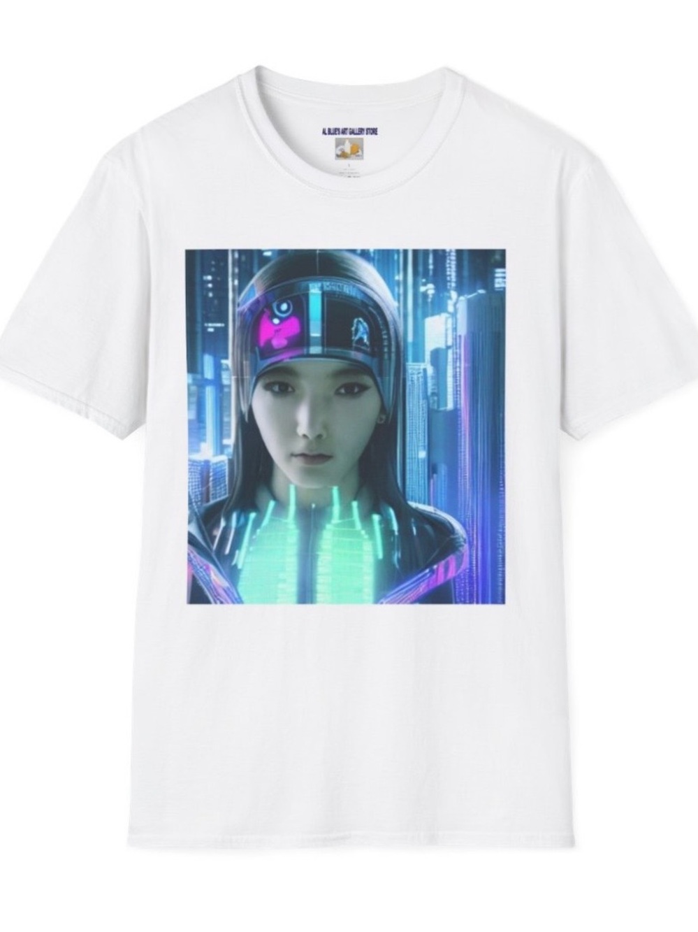Designed by the artist, Al Blue White Short Sleeve Tee with Neon Cyber Portrait